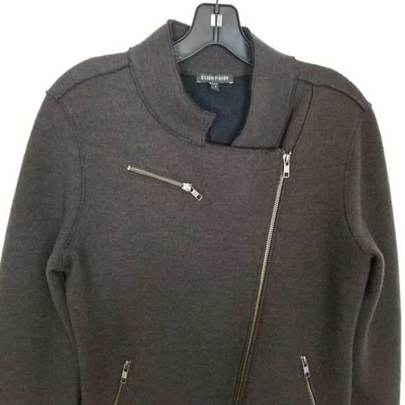 Eileen Fisher Women Merino Wool Moto Jacket Sz S Brown Zip Up Pockets Knit - Picture 2 of 8